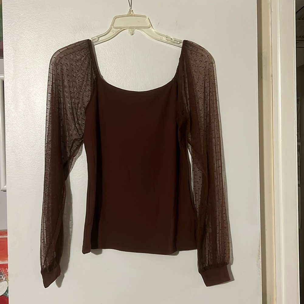 Dorose brown long sleeve top. Ribbed bodice w/mesh dotted sleeve.